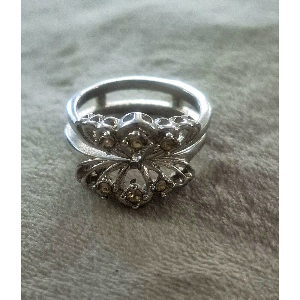Vintage Silver Tone Stacking Crown Tiara Ring Foil Back Rhinestone Size 10